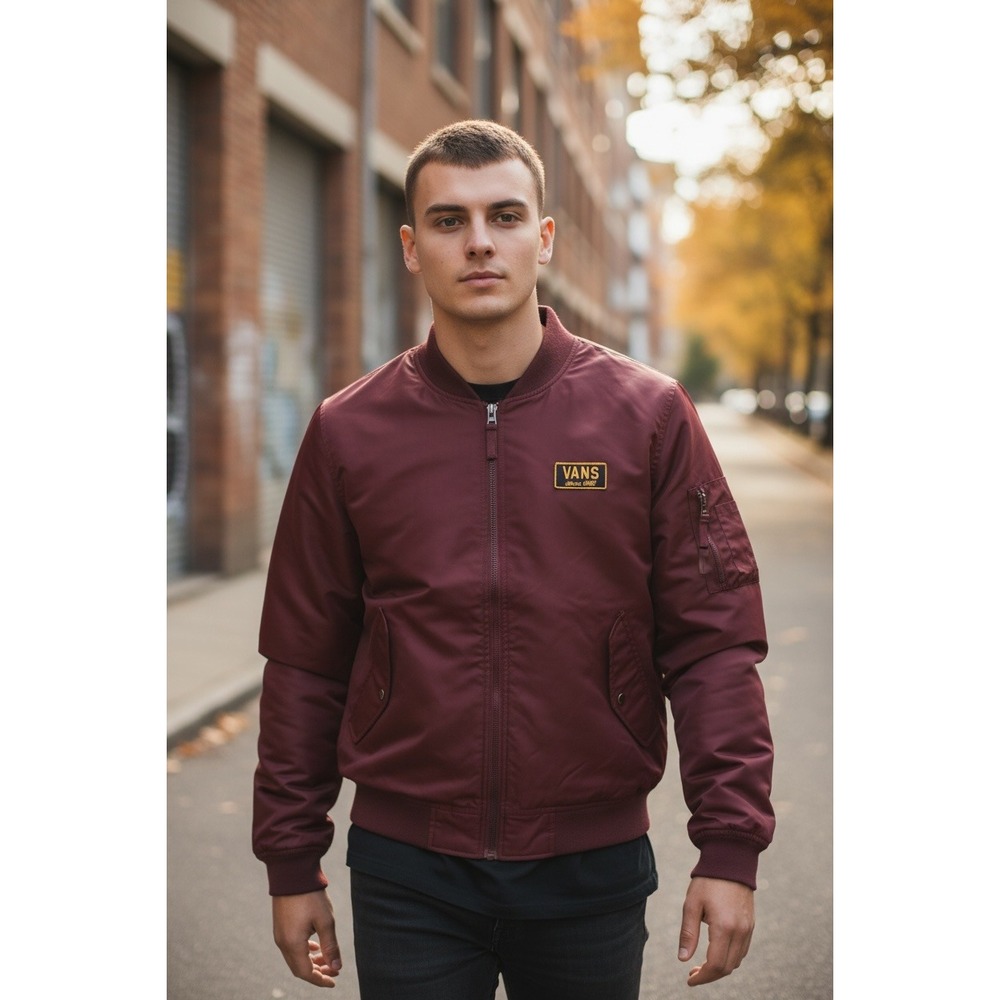 Vans Bomber Jacket Burgundy Mens Size‎ M Classic Logo Zip Up Outerwear